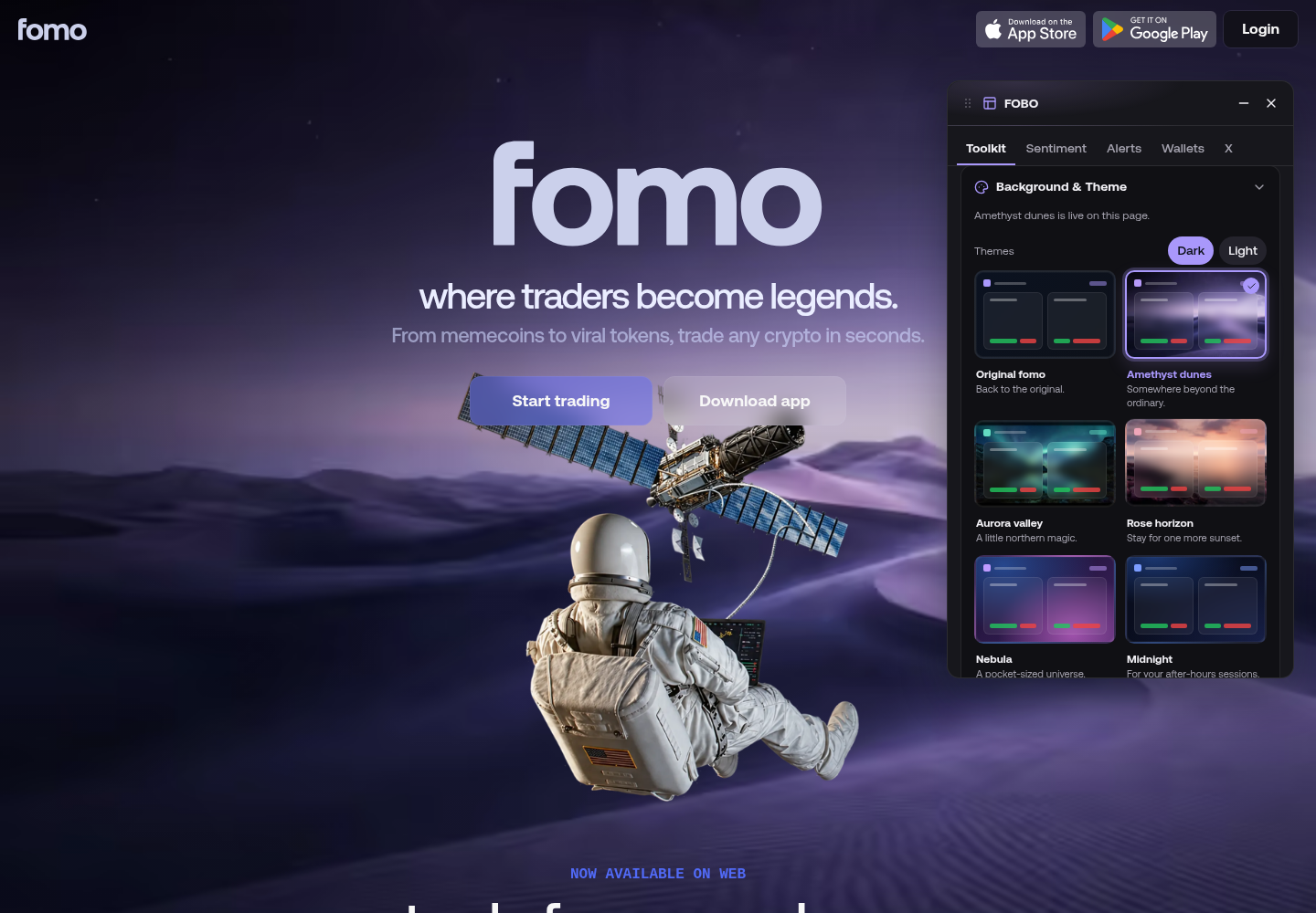 Actual fomo.family homepage with FOBO applying the purple Amethyst dunes background and the Background and Theme chooser open.